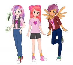 Size: 1317x1164 | Tagged: safe, alternate version, artist:izzierichard, apple bloom, scootaloo, sweetie belle, human, g4, anime, bow, converse, cutie mark crusaders, dark skin, female, hair bow, headband, humanized, magic, microphone, shoes, simple background, sneakers, white background, winged humanization, wings