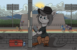 Size: 1952x1276 | Tagged: safe, artist:la hum, oc, oc only, bat pony, earth pony, pegasus, pony, unicorn, boots, box, can, cap, cheek fluff, clothes, hat, lidded eyes, mountain, mountain range, pants, race track, scenery, screwdriver, shirt, shoes, sitting, sweat, team fortress 2