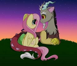 Size: 4096x3505 | Tagged: safe, artist:kittyrosie, discord, fluttershy, draconequus, pegasus, pony, g4, blushing, cute, discute, duo, female, heart, high res, lying down, male, night, prone, redraw, ship:discoshy, shipping, shyabetes, sitting, stars, straight, sunset