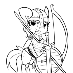 Size: 3000x3000 | Tagged: safe, artist:tjpones, rainbow dash, pegasus, pony, g4, armor, arrow, bipedal, bipedal leaning, black and white, bow (weapon), chainmail, female, grayscale, helmet, high res, leaning, mare, monochrome, shield, simple background, smiling, smirk, solo, spear, sword, weapon, white background