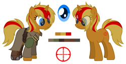 Size: 4096x2100 | Tagged: safe, artist:ponkus, oc, oc only, oc:rangefinder, pony, unicorn, fallout equestria, ammunition, ammunition belt, armor, belt, blue eyes, boots, clothes, cute, female, jacket, mare, reference sheet, shoes, solo, two toned mane