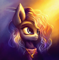 Size: 1500x1534 | Tagged: safe, artist:stdeadra, oc, oc only, pegasus, pony, big ears, big eyes, blue eyes, bust, chains, clothes, decoration, epic, feather, hair, light, lightning, portrait, scarf, solo