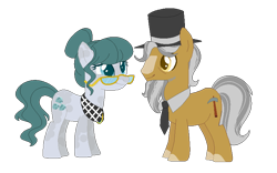 Size: 800x500 | Tagged: safe, artist:choisky13, artist:selenaede, cloudy quartz, igneous rock pie, earth pony, pony, g4, alternate hairstyle, base used, beard, duo, facial hair, female, glasses, hat, male, mare, redesign, simple background, stallion, transparent background