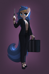 Size: 1600x2400 | Tagged: safe, artist:freeedon, oc, oc only, oc:bluecode, earth pony, anthro, clothes, female, gun, handgun, revolver, solo, suit, suitcase