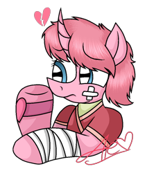 Size: 800x942 | Tagged: safe, artist:muhammad yunus, pony, unicorn, aelita schaeffer, bandage, base used, blue eyes, code lyoko, crossover, female, heart, heartbreak, i can't believe it's not 徐詩珮, mare, pink hair, ponified, sad, simple background, solo, transparent background, watch