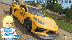 Size: 3840x2160 | Tagged: safe, artist:forzaveteranenigma, applejack, human, fanfic:equestria motorsports, equestria girls, g4, chevrolet, chevrolet corvette, corvette c8, crossed arms, forza horizon 4, general motors, high res, looking at you, photo, racing suit, read description, self promotion, smiling, supercar, youtube channel, youtube link in the description