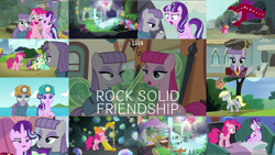 Size: 1980x1116 | Tagged: safe, edit, edited screencap, editor:quoterific, screencap, bon bon, derpy hooves, lyra heartstrings, maud pie, pinkie pie, starlight glimmer, sweetie drops, eel, quarray eel, g4, rock solid friendship, bed, collage, graduation, graduation cap, harp, hat, maud pie's tie, maud's cave, musical instrument, necktie, rocktorate, spoilers for another series, train
