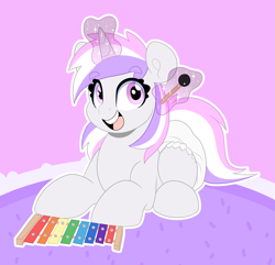 Size: 3671x3535 | Tagged: safe, artist:duckie, oc, oc only, oc:glam rock, pony, unicorn, abdl, adult foal, diaper, diaper fetish, eye clipping through hair, eyebrows, eyebrows visible through hair, female, fetish, high res, mallet, mare, musical instrument, non-baby in diaper, open mouth, smiling, solo, xylophone
