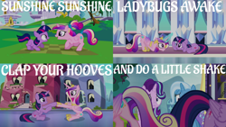 Size: 2000x1125 | Tagged: safe, edit, edited screencap, editor:quoterific, screencap, princess cadance, starlight glimmer, trixie, twilight sparkle, alicorn, pony, unicorn, a canterlot wedding, g4, road to friendship, the crystal empire, the times they are a changeling, cutie mark, female, filly, filly twilight sparkle, mare, open mouth, siblings, sisters, sisters-in-law, sunshine sunshine, tail, teen princess cadance, twilight sparkle (alicorn), younger