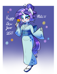 Size: 1300x1700 | Tagged: safe, artist:melliedraws, rarity, anthro, g4, 2021, clothes, happy new year, heart nostrils, holiday, kimono (clothing), new year, solo