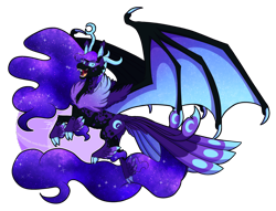 Size: 2160x1650 | Tagged: safe, artist:inuhoshi-to-darkpen, nightmare moon, alicorn, bat, bat pony, pony, g4, bat wings, coat markings, ethereal mane, ethereal tail, female, looking at you, open mouth, redesign, shrunken pupils, simple background, solo, spread wings, tail feathers, transparent background, wing claws, wings