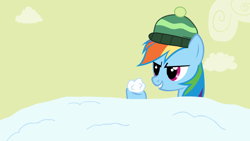 Size: 1280x720 | Tagged: safe, artist:ursamanner, rainbow dash, pegasus, pony, g4, cloud, hat, hoof hold, smiling, snow, snowball, snowball fight, solo, winter, winter hat