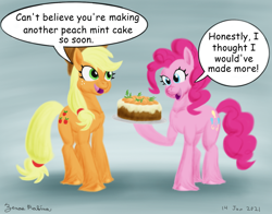 Size: 1400x1100 | Tagged: safe, artist:rockhoppr3, applejack, pinkie pie, earth pony, pony, g4, cake, duo, food, fruit, herbivore, hoof hold, speech bubble, unshorn fetlocks