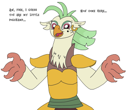 Size: 2739x2361 | Tagged: safe, artist:supahdonarudo, captain celaeno, avian, parrot pirates, g4, my little pony: the movie, chest fluff, dialogue, ear piercing, earring, high res, incoming hug, jewelry, meme, my little pogchamp, piercing, pirate, simple background, talking to viewer, text, transparent background