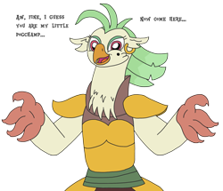 Size: 2739x2361 | Tagged: safe, artist:supahdonarudo, captain celaeno, avian, bird, ornithian, anthro, g4, my little pony: the movie, chest fluff, dialogue, ear piercing, earring, high res, incoming hug, jewelry, meme, my little pogchamp, parrot pirates, piercing, pirate, simple background, talking to viewer, text, transparent background