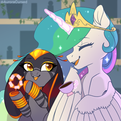 Size: 1896x1900 | Tagged: safe, artist:auroracursed, princess celestia, oc, oc:foliony, alicorn, original species, pony, g4, cute, cutelestia, eyes closed, female, happy, mare, open mouth, smiling