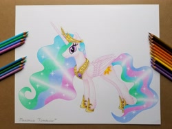Size: 4032x3024 | Tagged: safe, artist:maximustimaeus, princess celestia, alicorn, pony, g4, colored pencil drawing, crown, female, happy, hooves, jewelry, mare, regalia, smiling, solo, traditional art