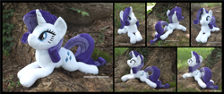 Size: 4178x1754 | Tagged: safe, artist:peruserofpieces, rarity, pony, unicorn, g4, beanie (plushie), female, happy, irl, looking at you, lying down, mare, photo, plushie, prone, smiling, smiling at you, solo, sploot, tree