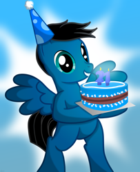 Size: 5346x6600 | Tagged: safe, artist:agkandphotomaker2000, oc, oc:pony video maker, pegasus, pony, bipedal, birthday, birthday cake, cake, candle, food, hat, party hat, show accurate, simple background, spread wings, wings