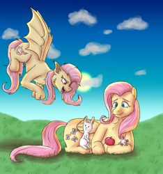 Size: 3000x3200 | Tagged: safe, artist:applejackofalltrades, angel bunny, fluttershy, bat pony, mouse, pegasus, pony, rabbit, g4, animal, apple, bat ponified, cloud, day, duality, flutterbat, food, high res, race swap, self ponidox, simple background