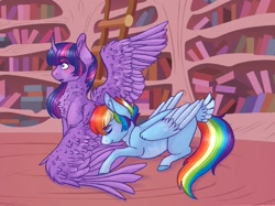 Size: 2732x2048 | Tagged: safe, artist:merviellee, rainbow dash, twilight sparkle, alicorn, pegasus, pony, g4, blushing, curved horn, female, golden oaks library, grooming, high res, horn, lesbian, library, mare, preening, ship:twidash, shipping, twilight sparkle (alicorn), wide eyes