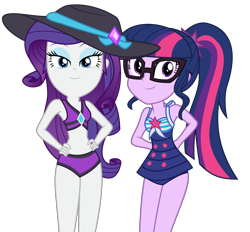 Size: 7984x7422 | Tagged: safe, artist:alandssparkle, rarity, sci-twi, twilight sparkle, human, equestria girls, equestria girls specials, g4, my little pony equestria girls: better together, my little pony equestria girls: forgotten friendship, absurd resolution, beach shorts swimsuit, bedroom eyes, belly button, bikini, clothes, cute, duo, duo female, female, geode of empathy, geode of fauna, geode of shielding, geode of sugar bombs, geode of super speed, geode of super strength, geode of telekinesis, glasses, hairpin, hand on hip, hands behind back, hat, legs together, lidded eyes, looking at you, magical geodes, midriff, ponytail, purple swimsuit, raribetes, rarity's beach shorts swimsuit, rarity's purple bikini, sci-twi swimsuit, simple background, sun hat, swimsuit, transparent background, twiabetes, vector
