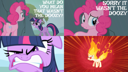Size: 2000x1125 | Tagged: safe, edit, edited screencap, editor:quoterific, screencap, pinkie pie, twilight sparkle, earth pony, pony, unicorn, feeling pinkie keen, g4, season 1, angry, female, gritted teeth, looking at you, mane of fire, mare, no, rapidash twilight, sin of pride, teeth, twilight sparkle is not amused, unamused, unicorn twilight