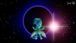 Size: 2000x1125 | Tagged: source needed, useless source url, safe, artist:jadebreeze115, oc, oc only, oc:jade breeze, pegasus, pony, bipedal, black hole, colored wings, dramatic, flying, gradient wings, hooves up, looking back, male, reference, solo, space, stallion, stars, sun, wings