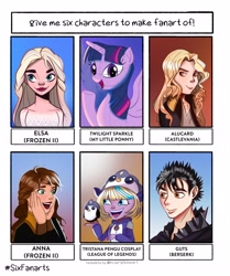 Size: 3000x3582 | Tagged: safe, artist:hello_imduck, trixie, twilight sparkle, alicorn, bird, human, penguin, pony, g4, alucard (castlevania), anna, berserk, bust, castlevania, clothes, cosplay, costume, crossover, elsa, female, frozen (movie), guts (berserk), hat, high res, male, mare, open mouth, raised hoof, rule 63, six fanarts, smiling, twilight sparkle (alicorn), underhoof