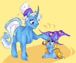 Size: 1280x1070 | Tagged: safe, artist:mareshire, jack pot, trixie, pony, unicorn, g4, curved horn, father and child, father and daughter, female, filly, filly trixie, horn, male, stallion, younger