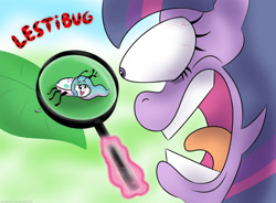 Size: 1380x1014 | Tagged: safe, artist:banebuster, princess celestia, twilight sparkle, insect, ladybug, pony, series:tiny tia, g4, coccinellidaephobia, cute, cutelestia, fear, glowing horn, horn, horrified, leaf, magnifying glass, open mouth, smiling, species swap, twilight hates ladybugs, waving, wild take
