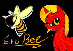 Size: 1606x1134 | Tagged: safe, artist:ero-bee, oc, oc only, oc:ero-bee, bee, insect, pony, unicorn, 2015, black background, glasses, horn, signature, simple background, tongue out, unicorn oc