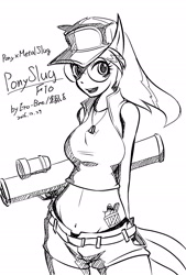 Size: 1378x2039 | Tagged: safe, artist:ero-bee, earth pony, anthro, 2016, clothes, daisy dukes, female, fio germi, glasses, grenade launcher, jewelry, lineart, metal slug, midriff, monochrome, necklace, ponified, round glasses, shorts, smiling, weapon