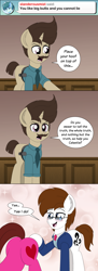 Size: 2500x6885 | Tagged: safe, artist:aarondrawsarts, oc, oc only, oc:brain teaser, oc:rose bloom, earth pony, pony, unicorn, ask, ask brain teaser, blushing, brainbloom, butt, butt touch, clothes, comic, dialogue, earth pony oc, eyes on the prize, female, hoof on butt, horn, lawyer, male, mare, oc x oc, plot, police, shipping, stallion, straight, suit, tumblr, unicorn oc