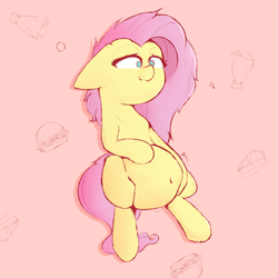 Size: 3000x3000 | Tagged: safe, artist:blopfry, fluttershy, pegasus, pony, g4, belly, belly button, big belly, bloated, chubby, fat, fattershy, female, floppy ears, high res, hoof on belly, mare, smiling, solo, stomach noise, stuffed