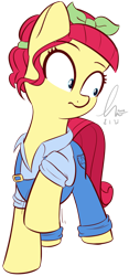 Size: 1142x2446 | Tagged: safe, artist:potato22, torque wrench, earth pony, pony, g4, clothes, female, mare, overalls, raised hoof, shirt, shrunken pupils, solo