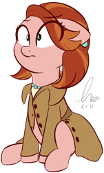 Size: 1160x1918 | Tagged: safe, artist:potato22, cathy o'marea, earth pony, pony, g4, clothes, coat, eye clipping through hair, female, jacket, mare, pinpoint eyes, realization, simple background, sitting, solo, transparent background