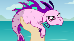 Size: 2675x1505 | Tagged: safe, artist:badumsquish, derpibooru exclusive, aria blaze, human, siren, g4, angry, annoyed, aria blaze is not amused, ariabetes, baby, baby siren, carp meme, cute, female, frown, glare, grumpy, hand, holding a siren, looking at you, madorable, ocean, offscreen character, ponified animal photo, pov, show accurate, size difference, smol, solo focus, true form, unamused, water, young