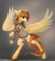 Size: 2300x2560 | Tagged: safe, artist:ssnerdy, oc, oc only, pegasus, pony, clothes, high res, hoodie, jewelry, necklace, rearing, sidemouth, smiling, solo, spread wings, wings