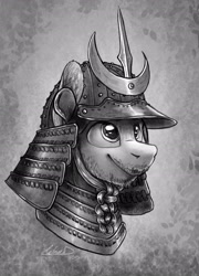 Size: 1825x2534 | Tagged: safe, artist:helmie-art, oc, oc only, pony, abstract background, armor, bust, facial hair, grayscale, helmet, male, monochrome, portrait, samurai, solo, stallion