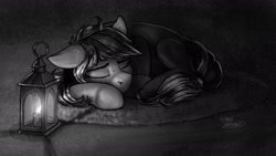 Size: 2099x1180 | Tagged: safe, artist:helmie-art, oc, oc only, oc:karoline skies, earth pony, pony, eyes closed, female, floppy ears, freckles, grayscale, lantern, lying down, mare, monochrome, sleeping, solo