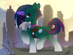 Size: 2000x1500 | Tagged: safe, artist:trickate, oc, oc only, pony, unicorn, apocalypse, bag, butt, chest fluff, commission, dock, ear fluff, female, glowing horn, horn, lidded eyes, looking at you, mare, plot, raised hoof, raised leg, saddle bag, smiling, solo