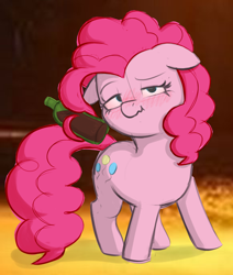 Size: 1244x1464 | Tagged: safe, artist:anonymous, artist:heretichesh, pinkie pie, earth pony, pony, g4, alcohol, blushing, bottle, colored, derp, drawthread, drunk, looking at you, wine