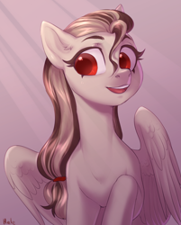 Size: 3216x4000 | Tagged: source needed, safe, artist:helemaranth, oc, oc only, oc:indicia, pegasus, pony, bust, female, mare, pegasus oc, portrait, red eyes, smiling, solo, wings