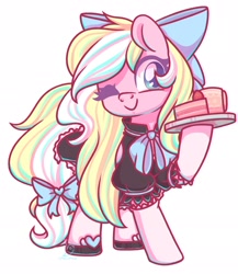 Size: 1652x1905 | Tagged: safe, artist:wavecipher, oc, oc only, oc:bay breeze, pegasus, pony, bow, cake, clothes, cute, dress, female, food, hair bow, maid, mare, ocbetes, one eye closed, shoes, simple background, solo, tail bow, white background, wink