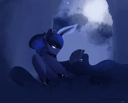 Size: 3382x2722 | Tagged: safe, artist:therealf1rebird, princess luna, alicorn, pony, g4, blushing, cloud, cutie mark, fan, glowing horn, high res, horn, magic, moon, night, solo, stars, wings
