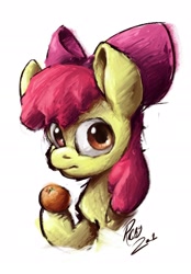 Size: 1906x2746 | Tagged: safe, artist:rigbyh00ves, apple bloom, earth pony, pony, g4, dishonorapple, female, filly, food, hoof hold, looking at you, orange, simple background, solo, white background