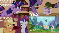 Size: 2000x1125 | Tagged: safe, edit, edited screencap, editor:quoterific, screencap, applejack, rarity, spike, twilight sparkle, g4, the crystal empire, golden oaks library, ponyville