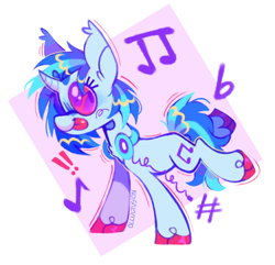 Size: 1226x1182 | Tagged: safe, artist:onionpwder, dj pon-3, vinyl scratch, pony, unicorn, g4, ear fluff, exclamation point, female, mare, music notes, raised hoof, raised leg, redesign, solo, tongue out, unshorn fetlocks, vinyl's glasses