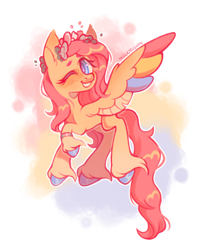 Size: 1220x1395 | Tagged: safe, artist:onionpwder, fluttershy, pegasus, pony, g4, alternate hairstyle, blushing, colored wings, colored wingtips, cute, demigirl, demigirl pride flag, female, floral head wreath, flower, flying, grin, mare, one eye closed, pansexual, pansexual pride flag, pride, pride flag, raised hoof, shyabetes, smiling, solo, unshorn fetlocks, wink, wristband